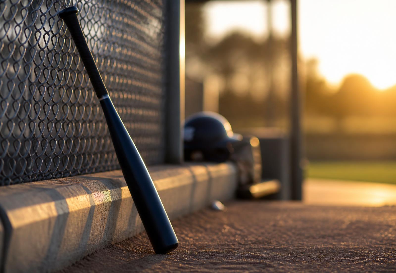 Youth baseball bat resting against a dugout fence